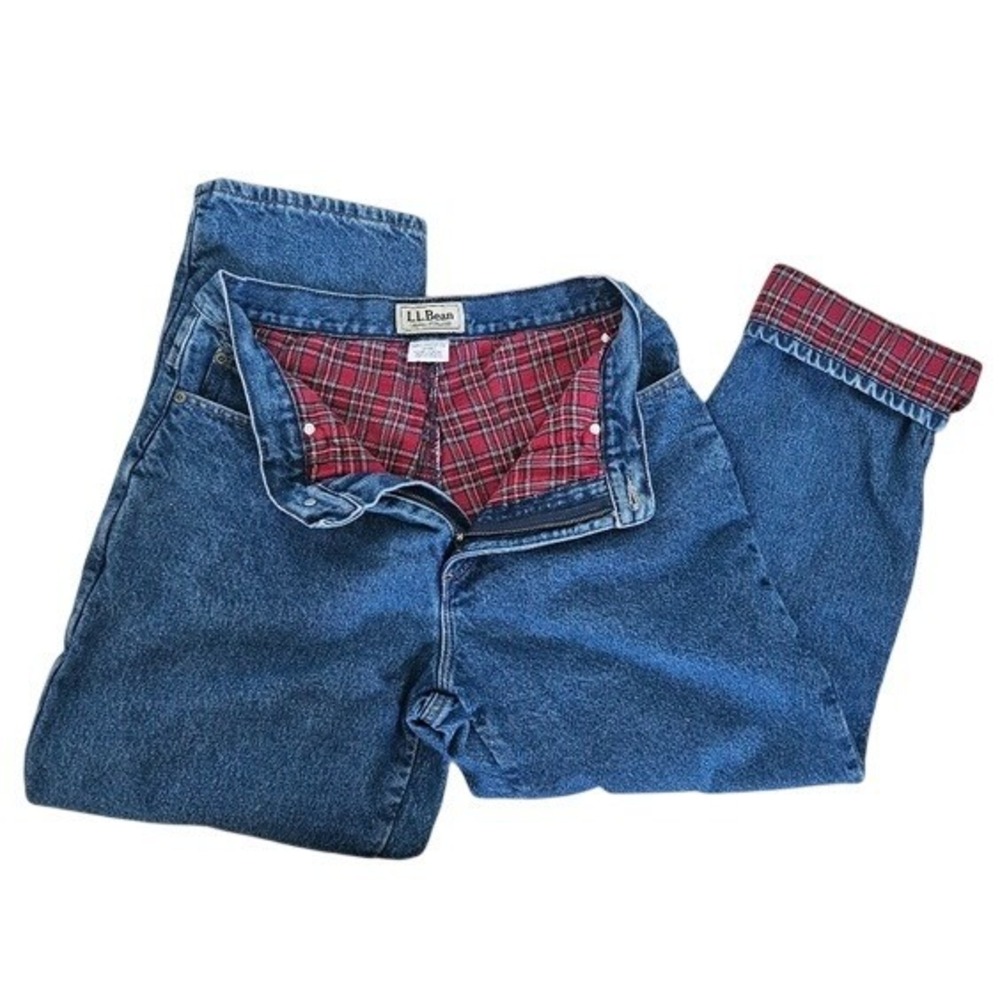 LL Bean Womens 12 MT Flannel Lined Original Fit Jeans Blue Denim Plaid